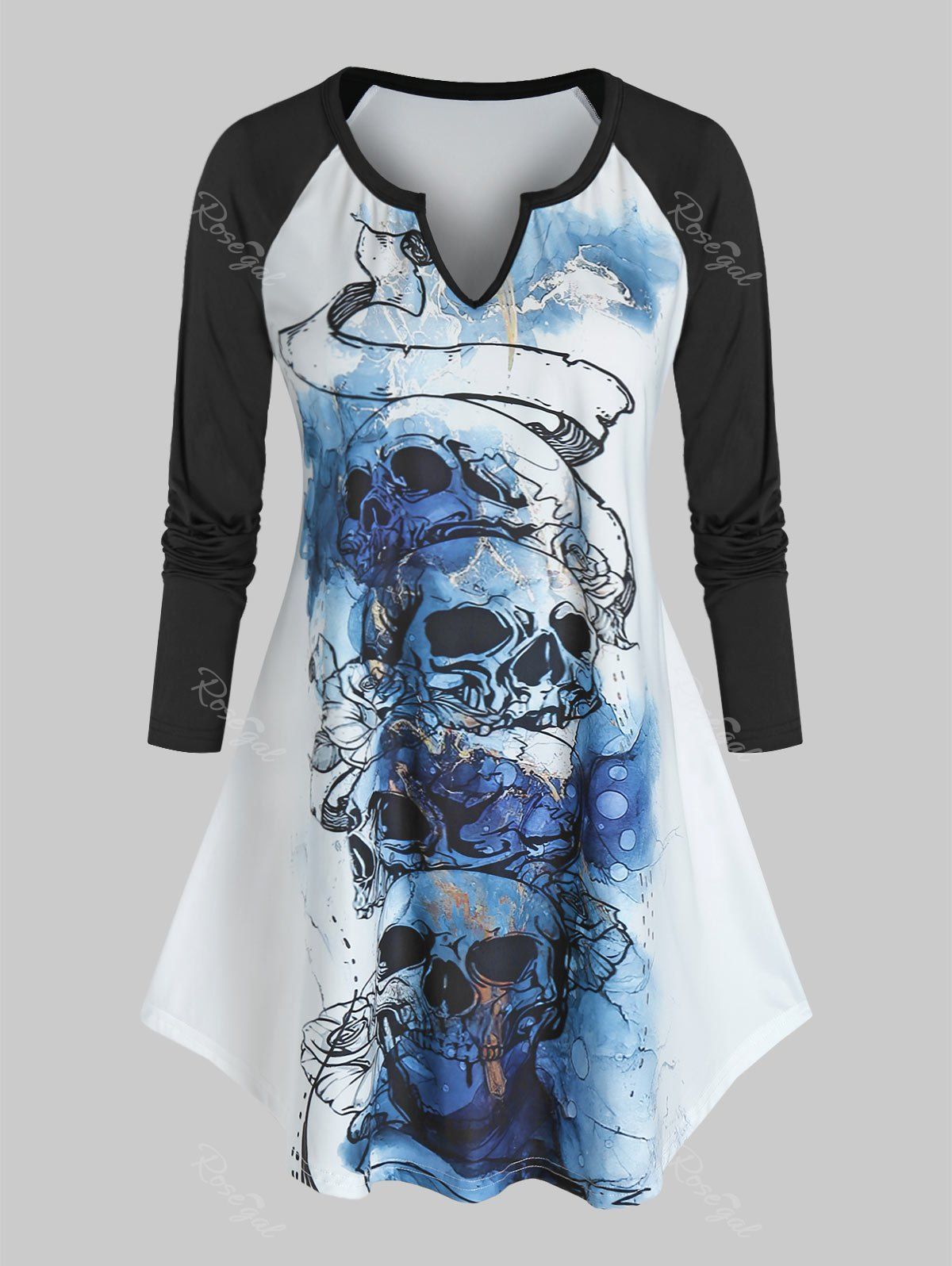 Affordable Plus Size Skull Graphic Notched Collar Ralgan Sleeve T Shirt  