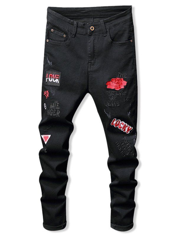 

Floral Letter Embroidery Scratch Pencil Denim Pants, Black