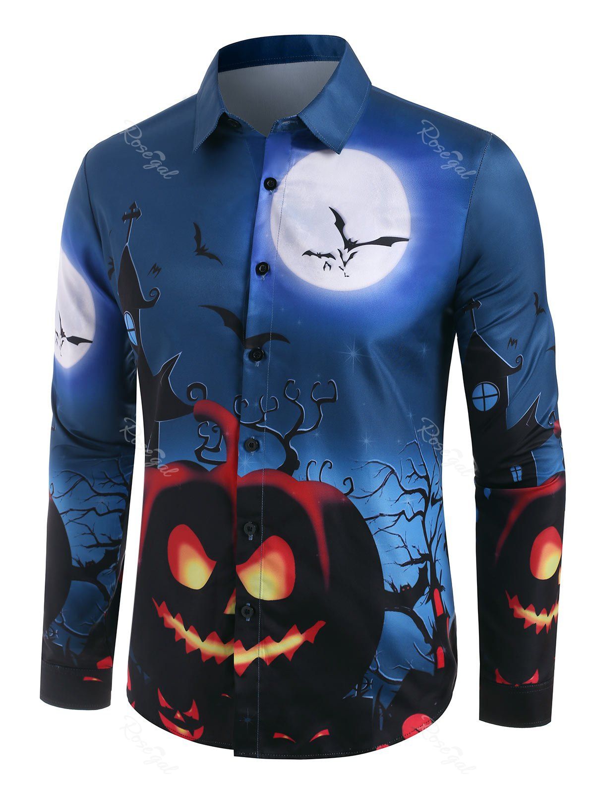 Store Halloween Night Pumpkin Bat Print Button Up Shirt  
