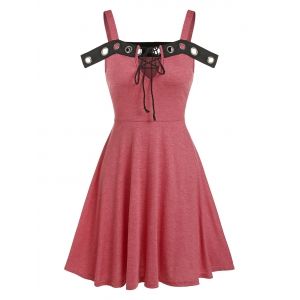 

Grommet Detail Cold Shoulder Lace-up Heathered Dress, Light coral