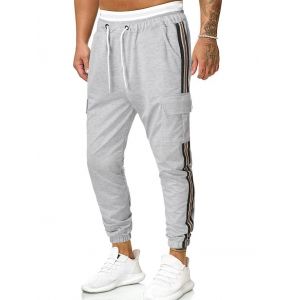 

Side Striped Flap Pockets Beam Feet Pants, Gray