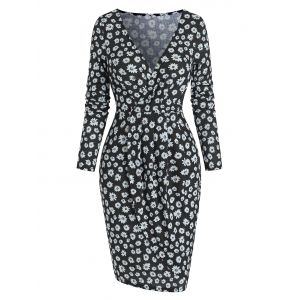 

Floral Print Long Sleeve Mini Surplice Dress, Black