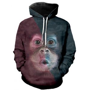 

Contrast Color Animal Graphic Front Pocket Casual Hoodie, Multi