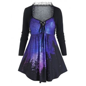 

Plus Size Galaxy Lace Frilled Tie Tunic Tee, Black