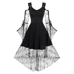 

Spider Web Lace Lace-up High Low Gothic Dress, Black