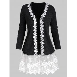 

Open Front Ribbed Lace Mesh Panel Plus Size Cardigan, White