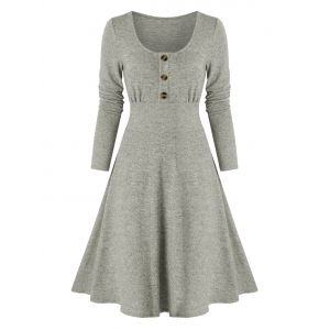 

Mock Button Long Sleeve Heathered Dress, Gray