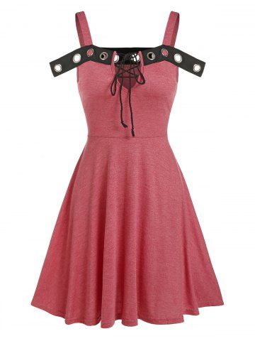 Grommet Detail Cold Shoulder Lace-up Heathered Dress - LIGHT CORAL - L