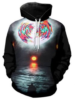 Reflection Sunset Print Front Pocket Pullover Hoodie - BLACK - XS