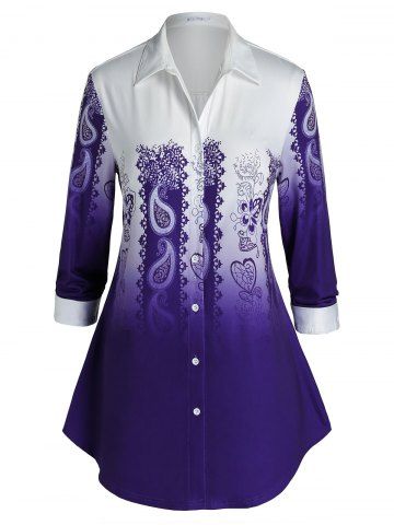 Plus Size Paisley Ombre Curved Hem Tunic Shirt