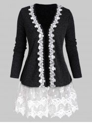 Open Front Ribbed Lace Mesh Panel Plus Size Cardigan -  