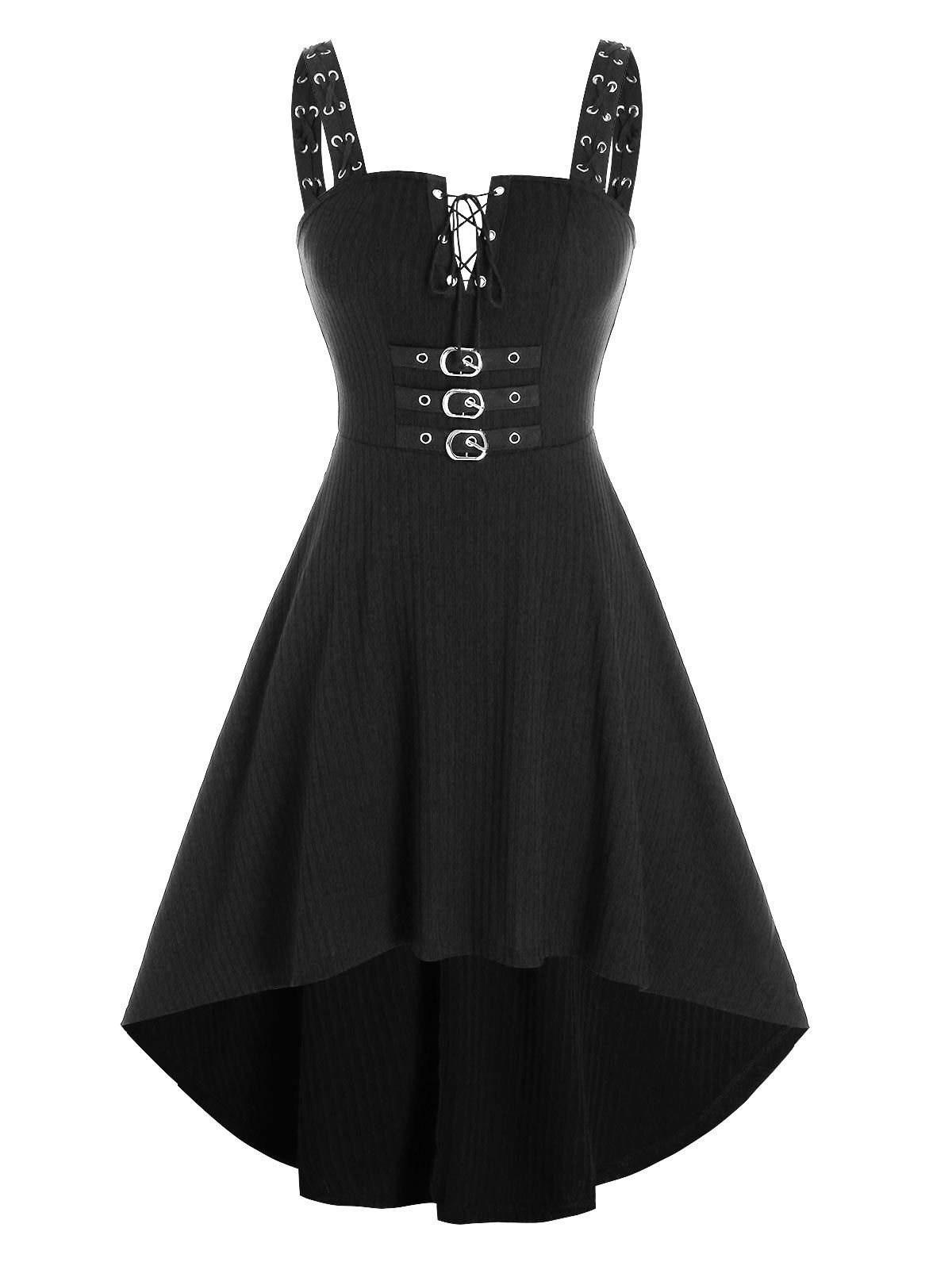 

Lace Up Buckled Knitted Cami High Low Dress, Black