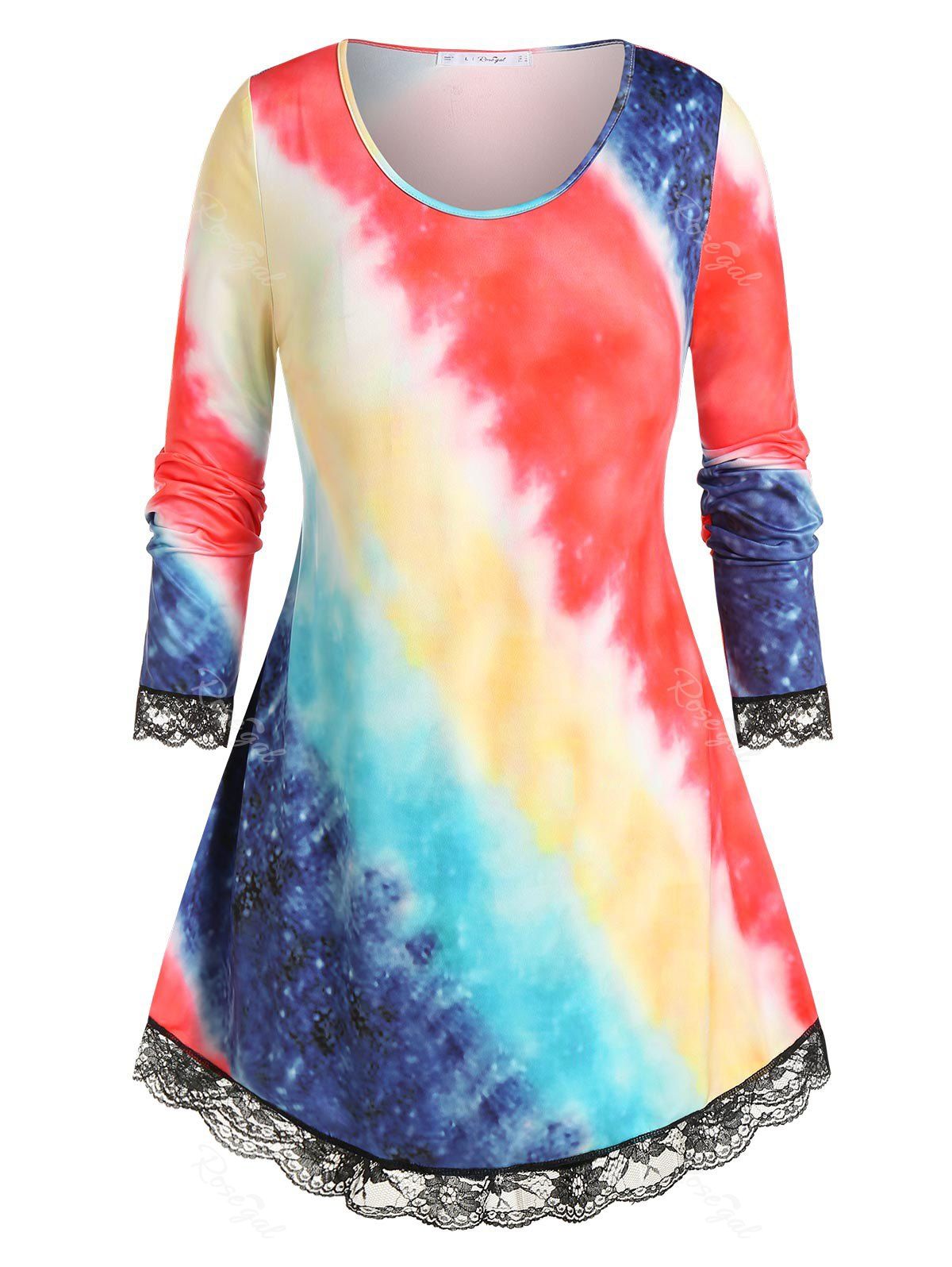

Plus Size Lace Trim Tie Dye T Shirt, Multi