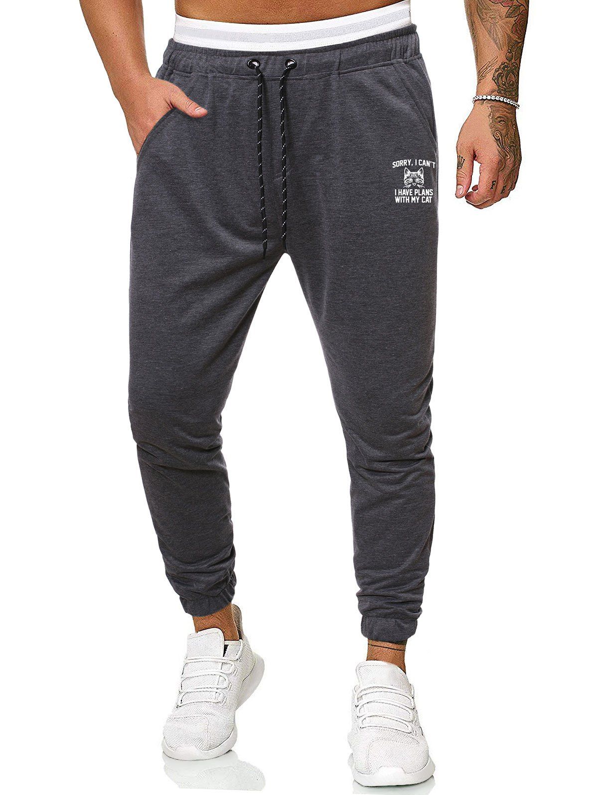 

Casual Cat Graphic Drawstring Jogger Pants, Dark gray