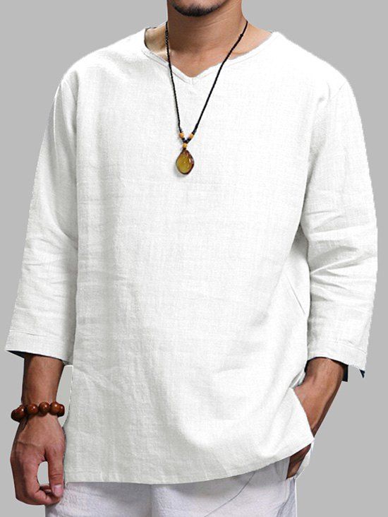 

Plain V Neck Roll Tab Sleeve Kurta Linen Shirt, White