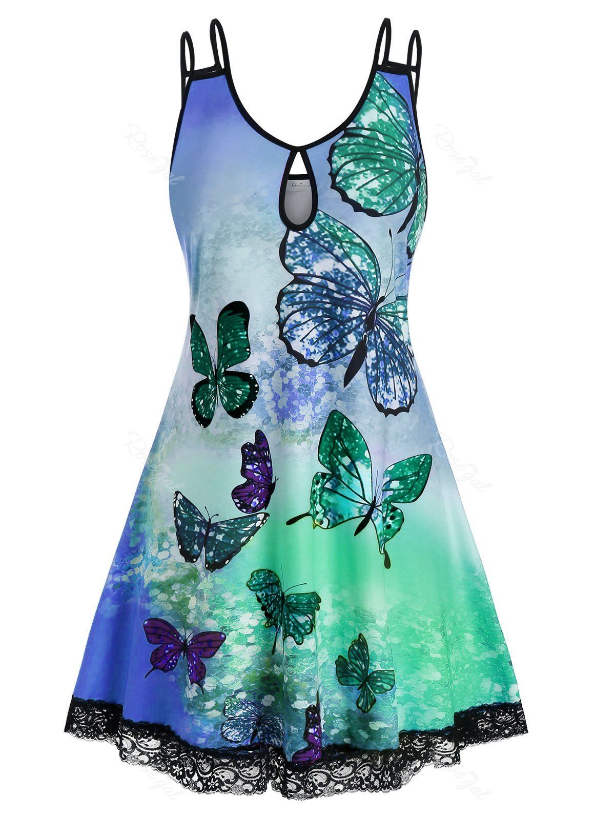 

Plus Size Butterfly Tie Dye Keyhole Lace Panel Tank Dress, Blue