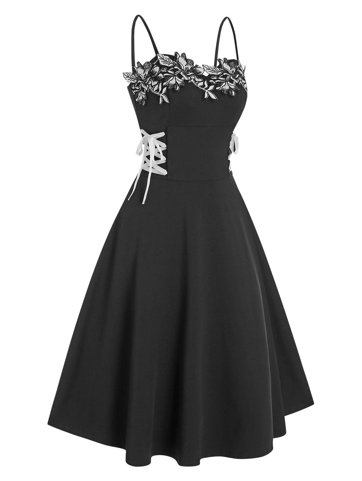 

Applique Lace Up A Line Dress, Black