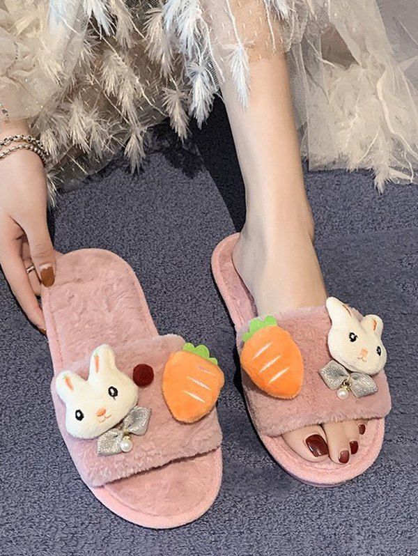

Rabbit Carrot Plush Open Toe Flat Slippers, Light pink