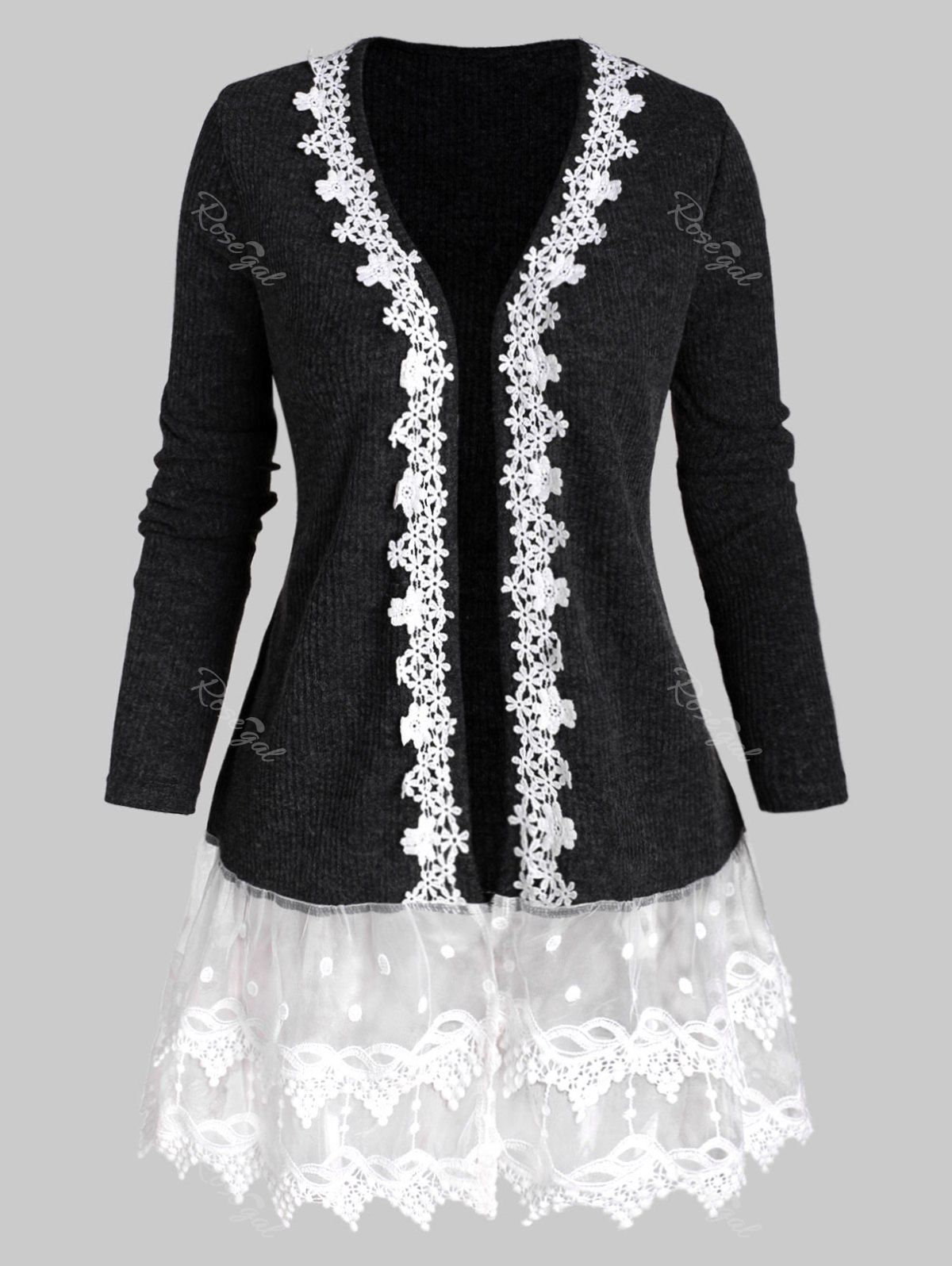 Outfits Open Front Ribbed Lace Mesh Panel Plus Size Cardigan  