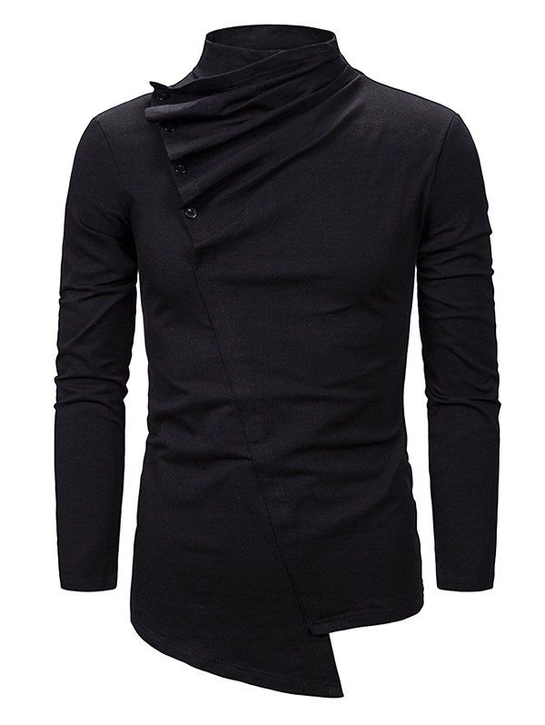 

Pleated Button High Neck Asymmetrical Gothic T Shirt, Black