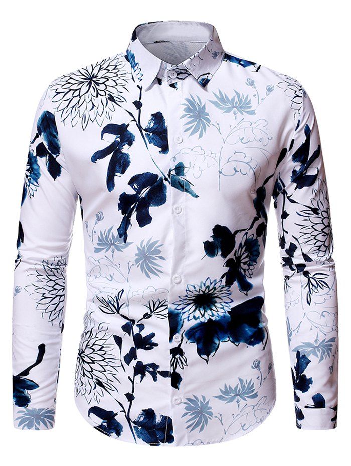 

Flower Ink Painting Print Casual Shirt, White