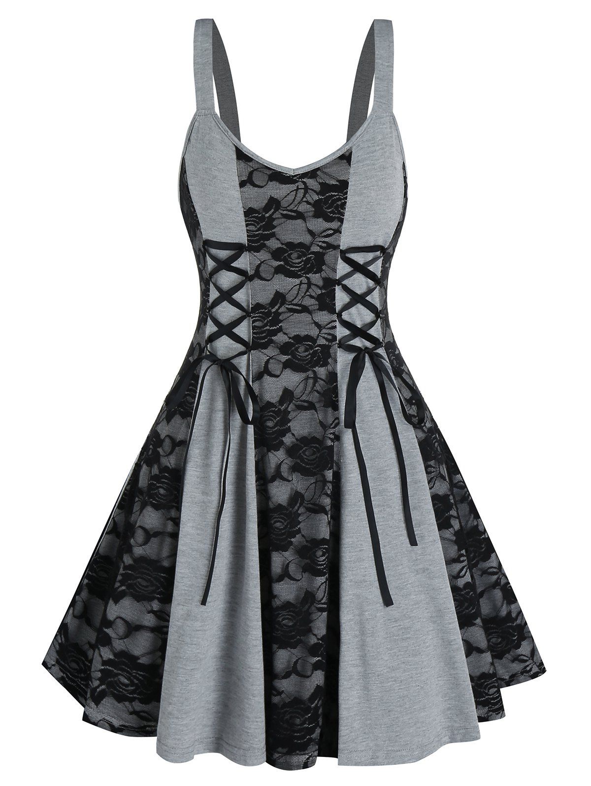 

Lace Up Floral Lace Mini Cami Dress, Black