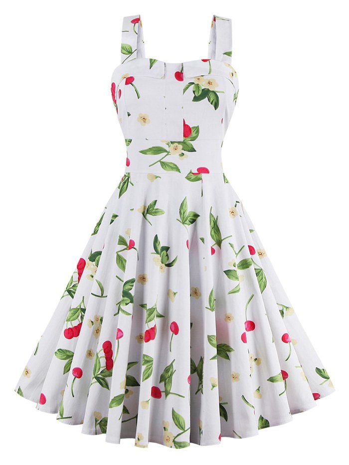 

Cherry Print Waist Tie Sleeveless Dress, White