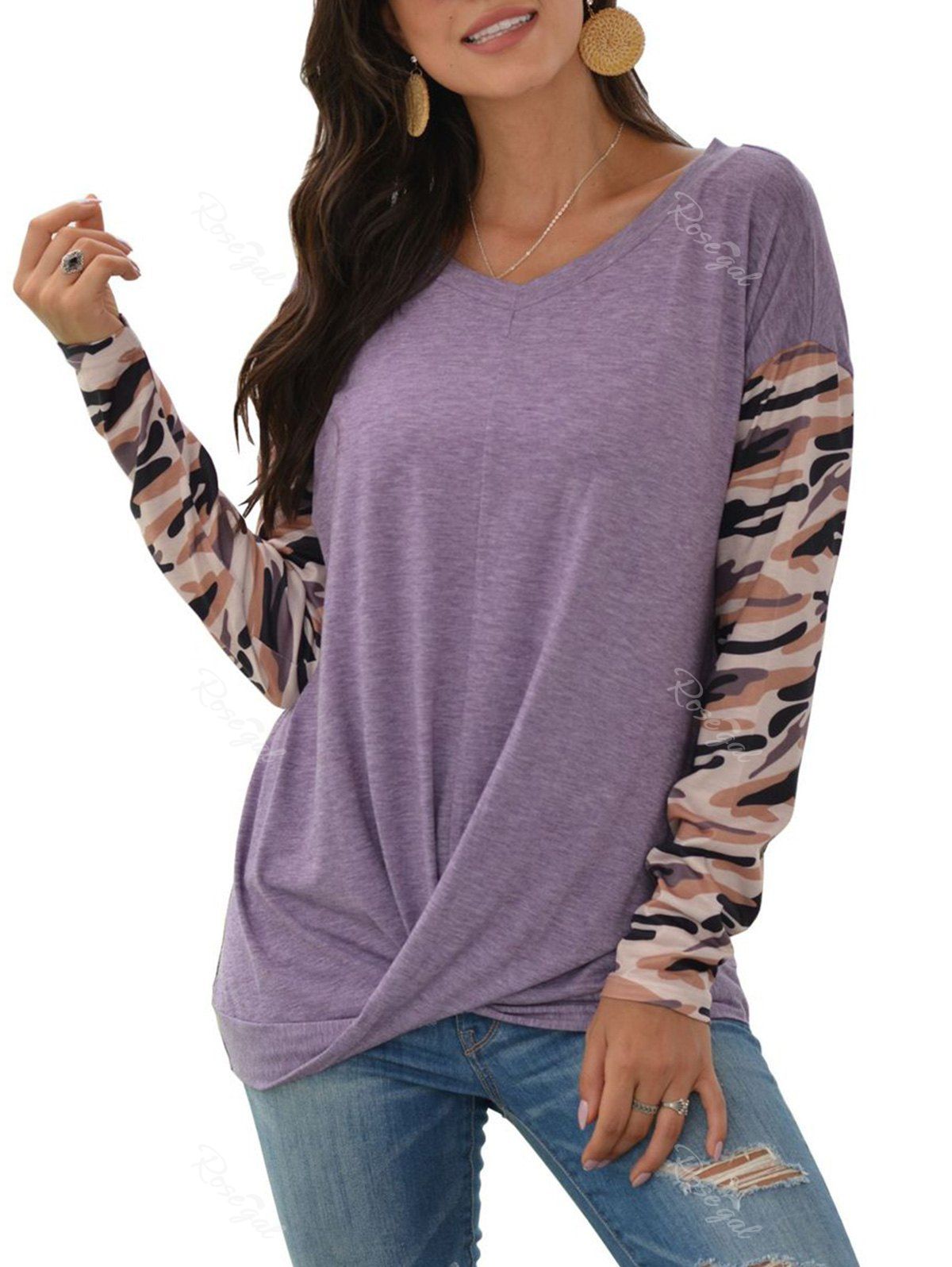 

Camo Panel Drop Shoulder Twisted T-shirt, Light purple