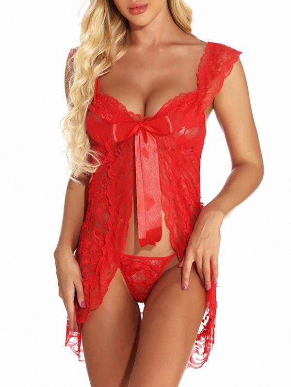 

Lace Sheer Bowknot Ruffle Lingerie Babydoll, Red