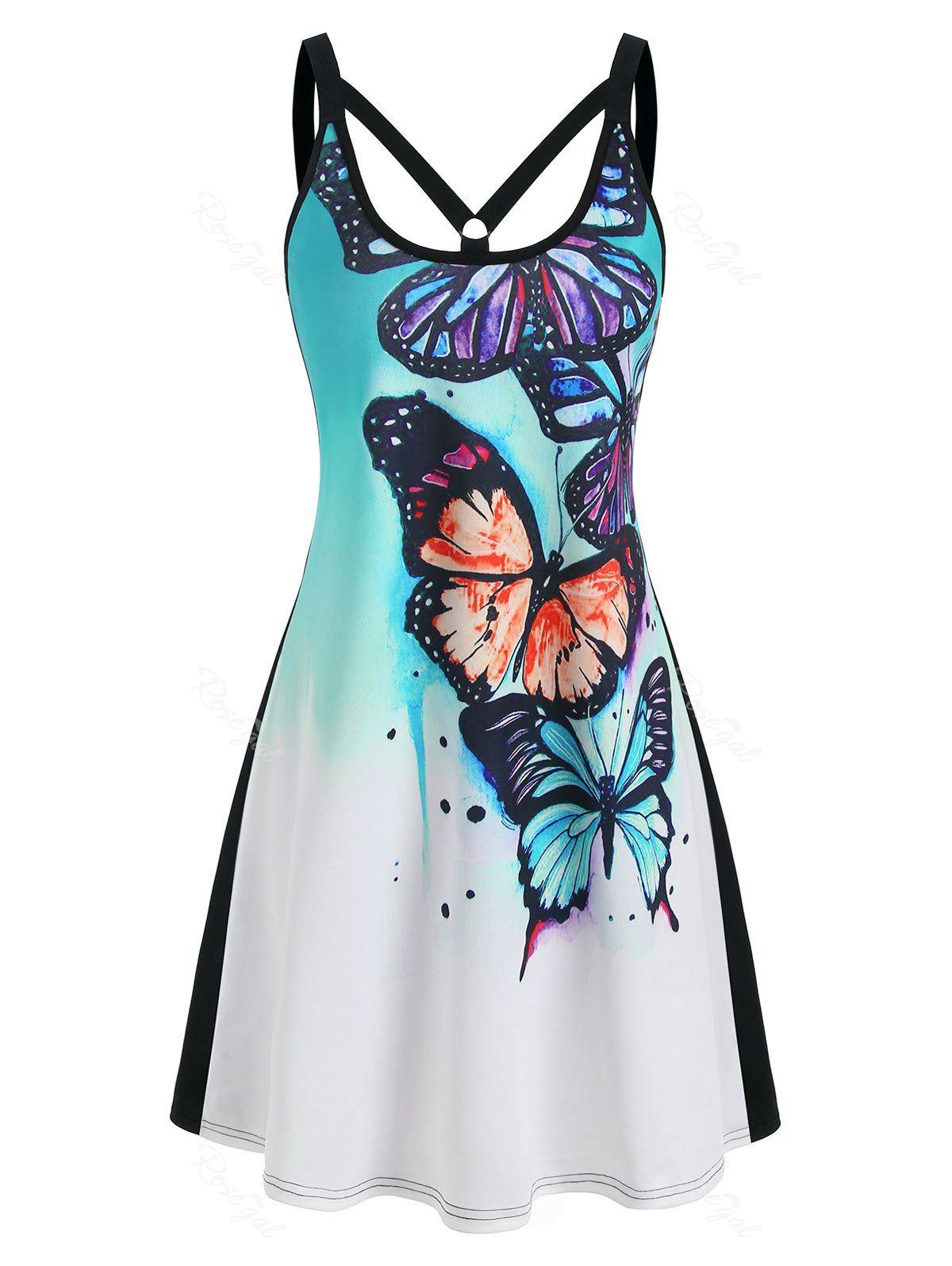 Chic Summer Dip Dye Butterfly Print Sleeveless Dress  