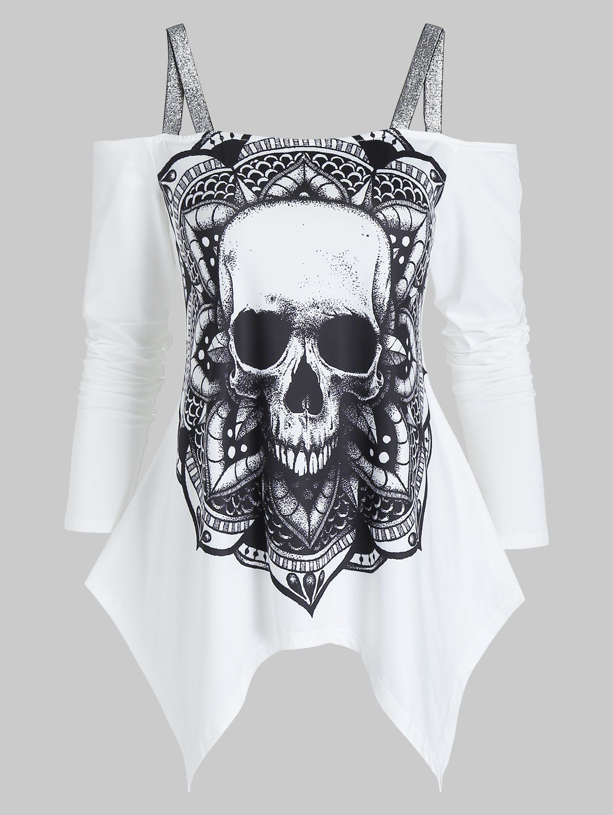 

Cold Shoulder Skull Graphic Asymmetrical T Shirt, White
