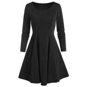 

Long Sleeve Fit and Flare Plain Dress, Black