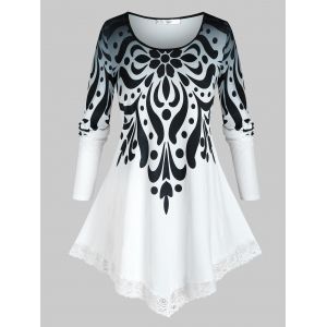 

Plus Size Tribal Print Lace Brim Ombre T Shirt, Black