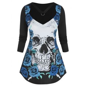 

Plus Size Halloween Skull Flower Choker Cutout Tunic Tee, Black