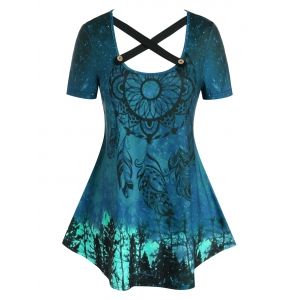 

Plus Size Dreamcatcher Pattern Crisscross Curved Tunic Tee, Blue ivy