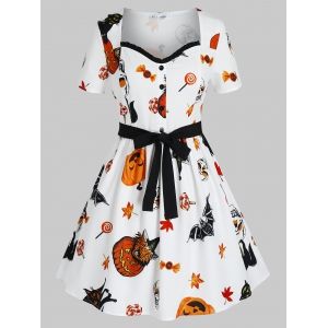 

Plus Size Halloween Bats Pumpkin Skull Belted Dress, White