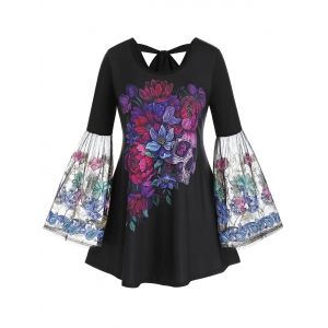 

Plus Size Flower Skull Embroidery Flare Sleeve Knot Tee, Black