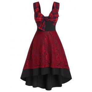 

Plus Size Plaid Bowknot Lace Backless High Low Dress, Multi