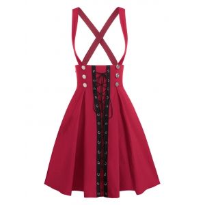 

Lace Up Button Overall A Line Skirt, Red