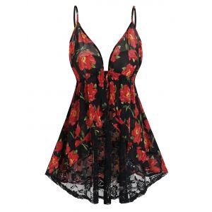 

Plus Size Sheer Lace Floral Print Babydoll Set, Black