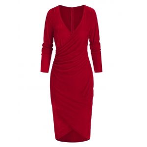 

Long Sleeve Velvet Surplice Bodycon Dress, Red