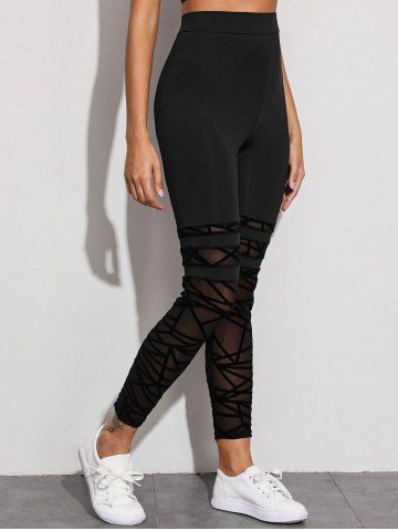 

Flocking Stripes Lace Panel High Rise Leggings, Black