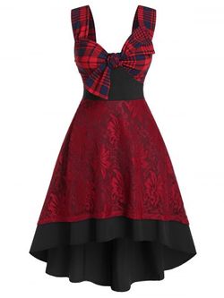 Plus Size Plaid Bowknot Lace Backless High Low 1950s Dress - MULTI - L