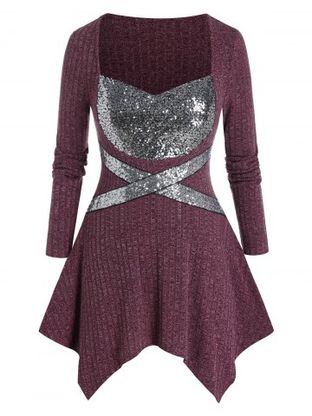 Plus Size Shiny Sequins Insert Asymmetrical Pullover Sweater