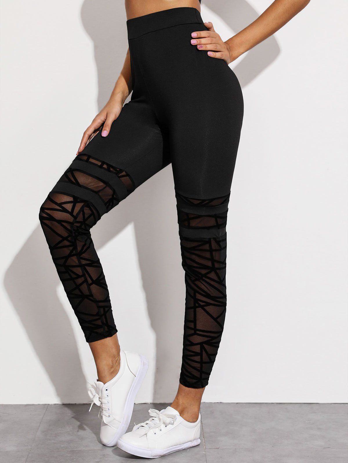 

Flocking Stripes Lace Panel High Rise Leggings, Black