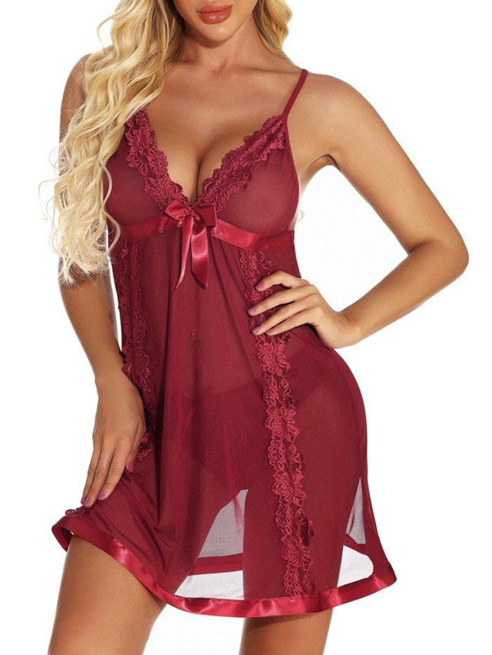 

Lace Mesh Bowknot See Thru Backless Lingerie Dress, Red