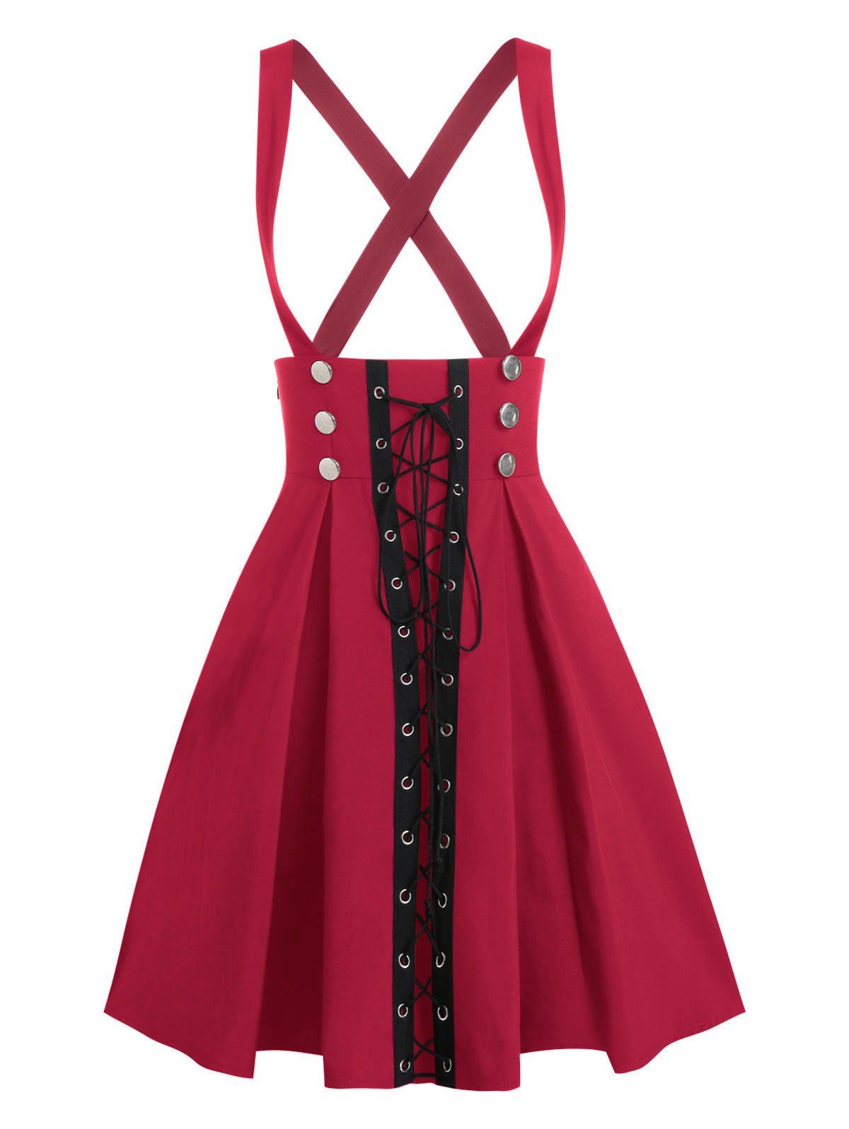 

Lace Up Button Overall A Line Skirt, Red