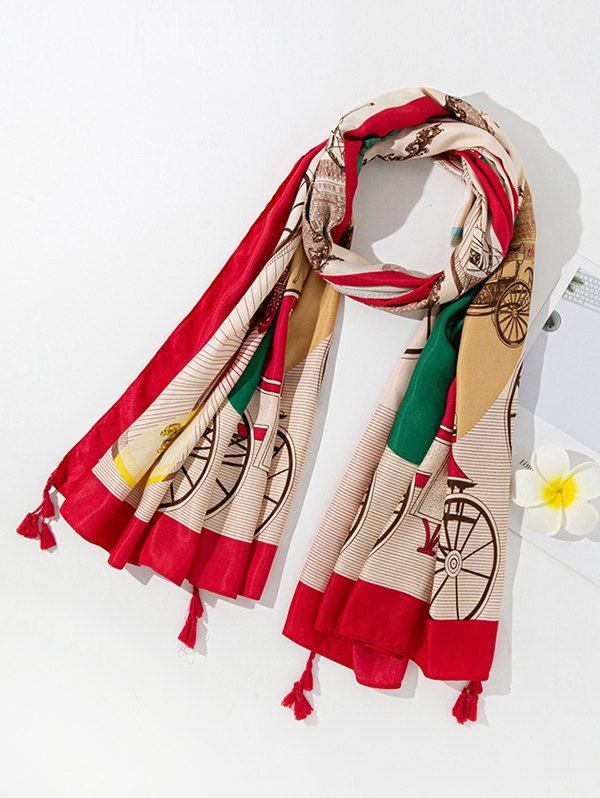 

Tassel Color-blocking Printed Scarf, Red