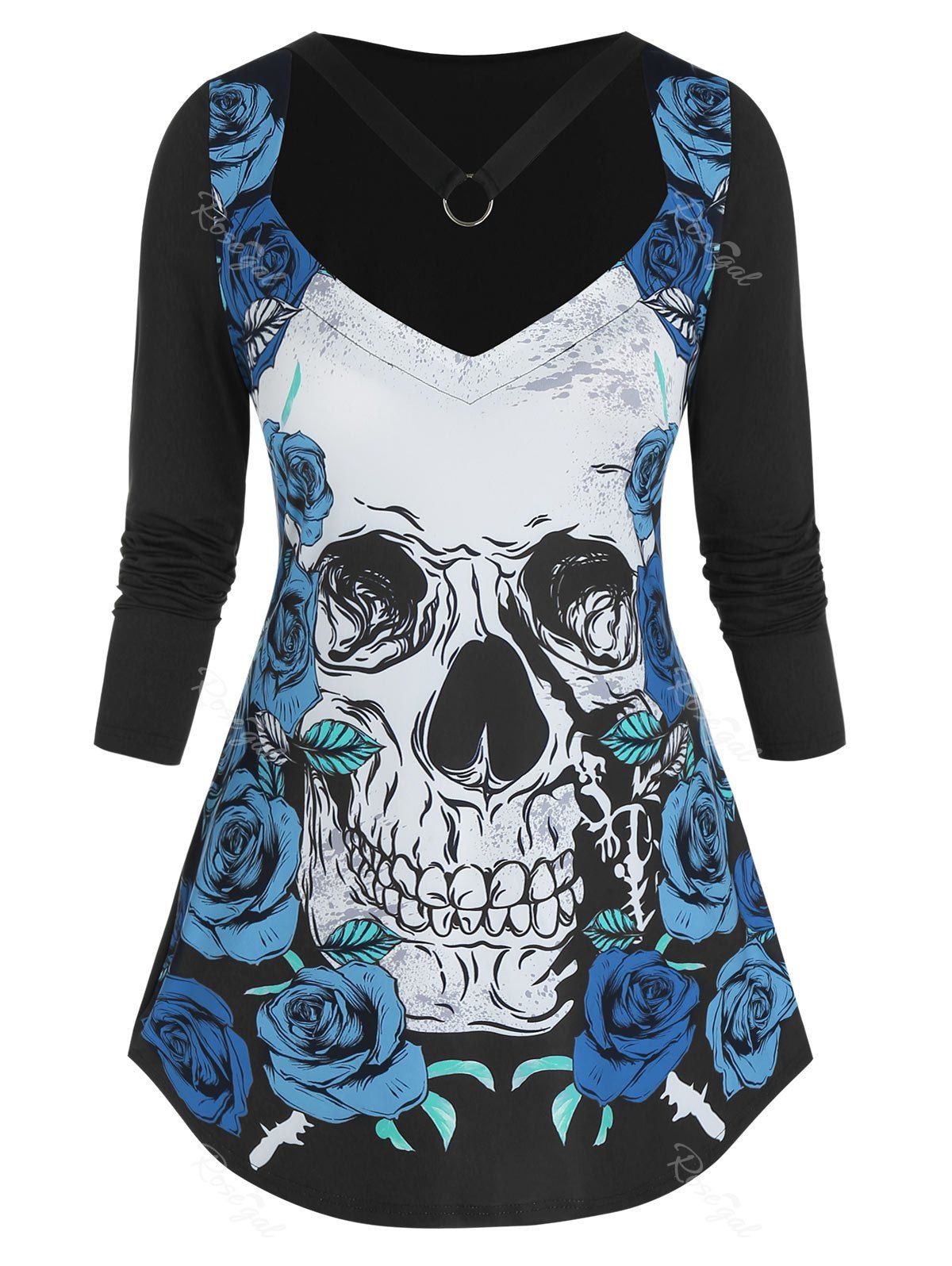 Outfits Plus Size Halloween Skull Flower Choker Cutout Tunic Gothic Tee  