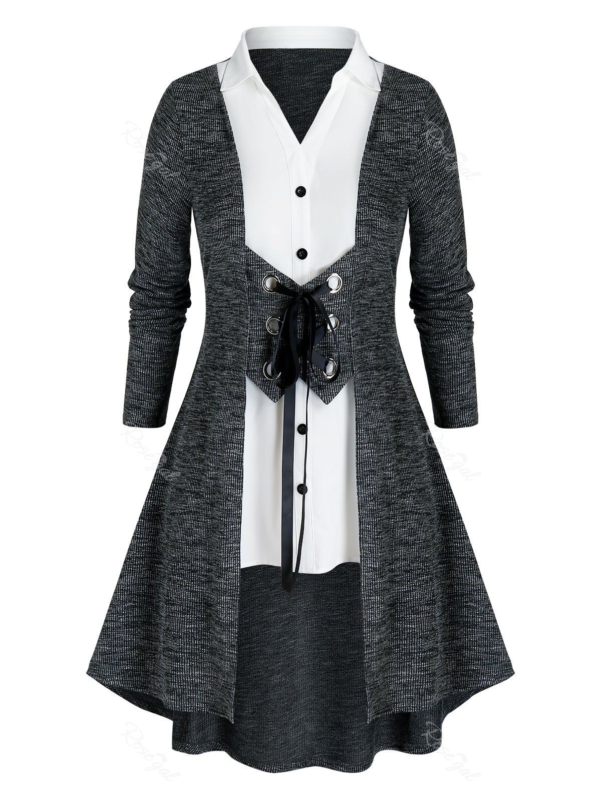 

Plus Size Grommet Lace-up 2 In 1 Long Knit Cardigan, Dark slate grey